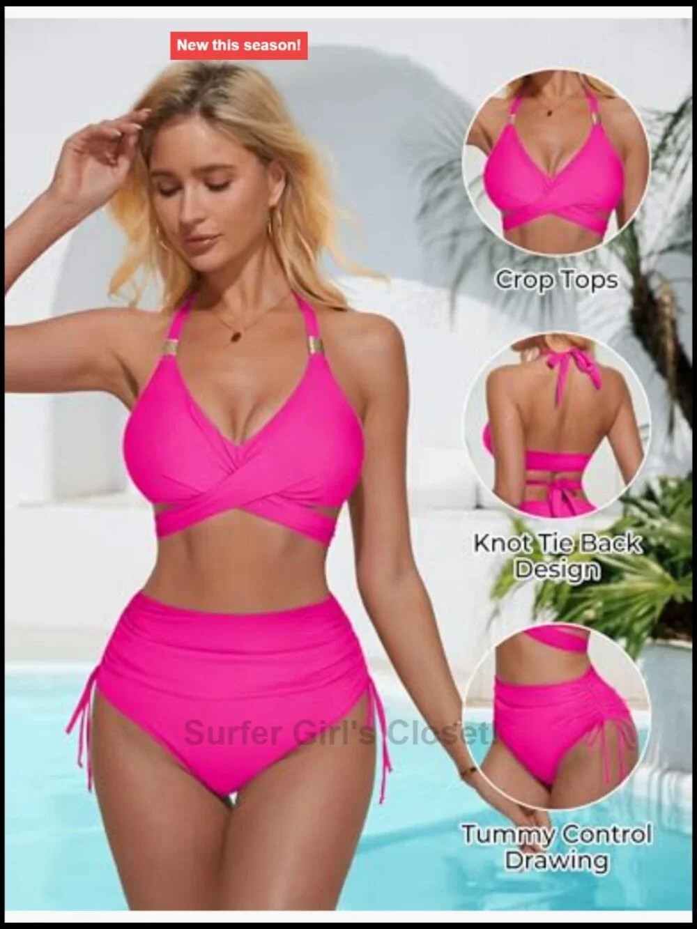 High Waisted Bikini Set Tummy Control Drawstring Tie Knot Swimsuit